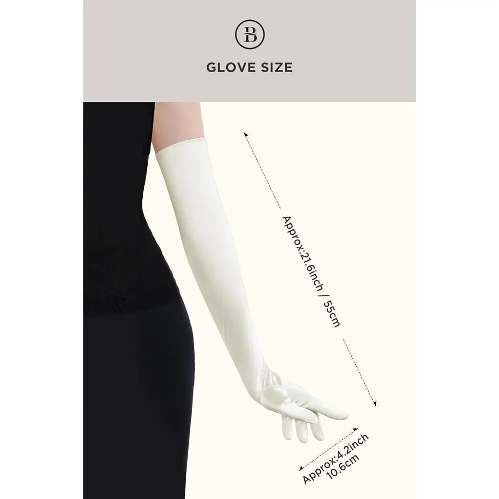 Women's Off-White Vintage Satin Long Gloves Party Costume Stretchy Elbow Length